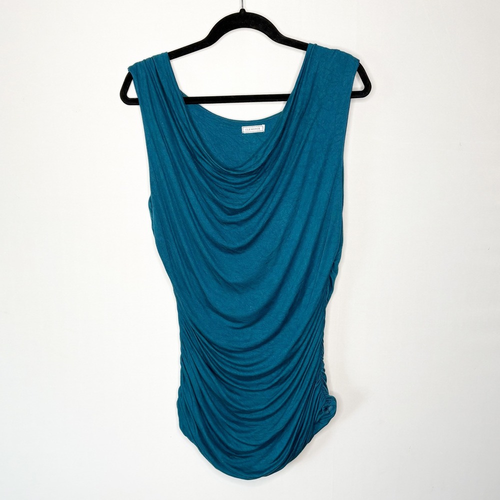 Clemonce Teal Blue Cowl Neck Ruched Sleeveless Top Plus Size 3XL